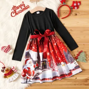 Kid Girl Christmas Graphic Print Splice Belted Long-sleeve Dress #1299345