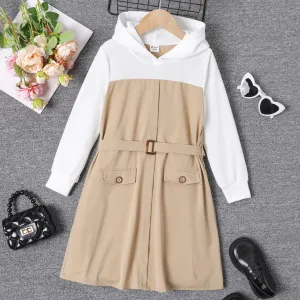 Kid Girl Color Block Long-sleeve Belted Hooded Dress #1056283