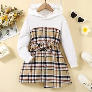 Kid Girl Faux-two Plaid Splice Belted Hooded Dress #208388