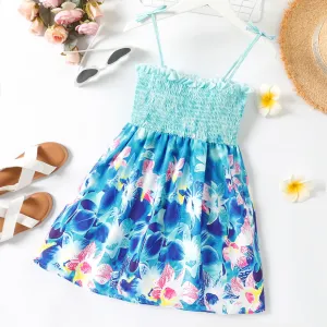 Kid Girl Floral Print Smocked Bowknot Design Slip Dress #818483