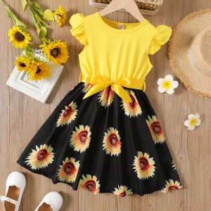 Kid Girl Floral Print Splice Belted Flutter-sleeve Dress #776648