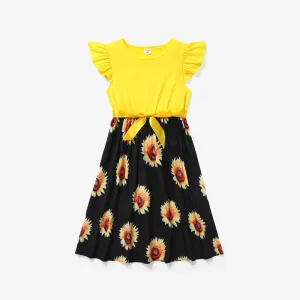 Kid Girl Floral Print Splice Belted Flutter-sleeve Dress #776650