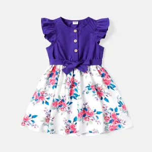 Kid Girl Floral Print Splice Flutter-sleeve Belted Dress #722840