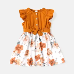 Kid Girl Floral Print Splice Flutter-sleeve Belted Dress #722846