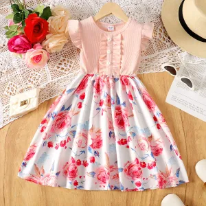 Kid Girl Front Buttons Ruffle Flower Rose Print Ribbed Dress #1039975