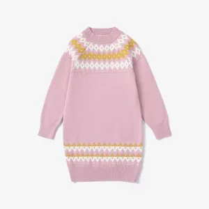 Kid Girl Geometric Pattern Sweet Sweater Dress #1169078