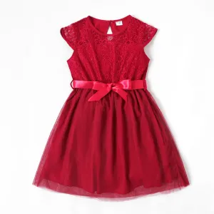 Kid Girl Guipure Lace Panel Flutter-sleeve Belted Dress #922308