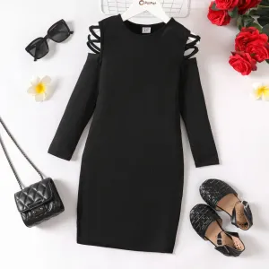 Kid Girl Hollow Out Long-sleeve Rib-knit Bodycon Dress #1046940