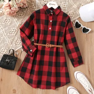 Kid Girl Plaid Belted Long-sleeve Button Half Placket Dress #1056317