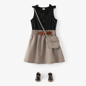Kid Girl Plaid Ribbed Splice Button Design Sleeveless Dress #871040