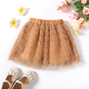 Kid Girl Polka dots 3D Floral Design Elasticized Mesh Skirt #227509