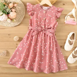 Kid Girl Polka dots Button Design Flutter-sleeve Belted Dress #720332