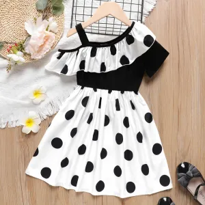 Kid Girl Polka Dots Print Ruffled Cold Shoulder Dress #856133