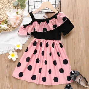 Kid Girl Polka Dots Print Ruffled Cold Shoulder Dress #856146