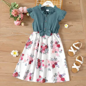 Kid Girl Ruffle Collar Floral Print Button Design Flutter-sleeve Dress