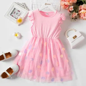 Kid Girl Ruffle Sleeve Polka Dots Pattern Mesh Fairy Dress #1036193