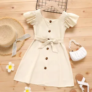 Kid Girl Solid Color Button Design Square Neck Flutter-sleeve Belted  Dress #865221