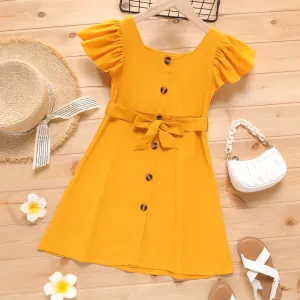 Kid Girl Solid Color Button Design Square Neck Flutter-sleeve Belted  Dress #865231