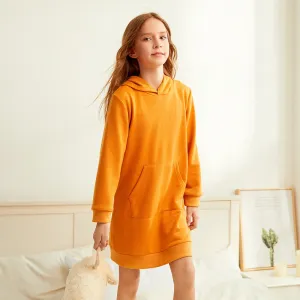 Kid Girl Solid Color Long-sleeve Hooded Sweatshirt Dress #195516