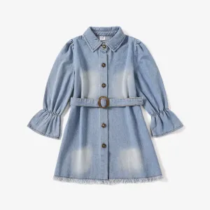 Kid Girl Solid Color Puff Sleeve Denim Dress (With Belt) #1168425