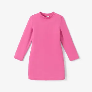 Kid Girl Solid Color Stand Collar Long-sleeve Knit Dress #208202