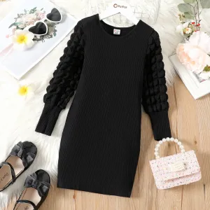 Kid Girl Solid Color Textured Ribbed Long-sleeve Cotton Dress #209386