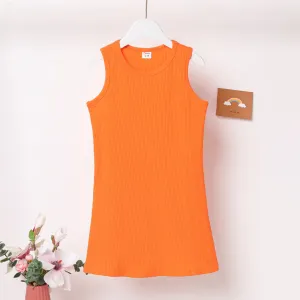 Kid Girl Solid Rib-knit Cotton Tank Dress #1037839