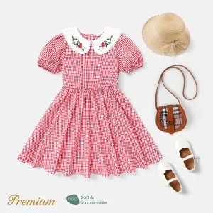 Kid Girl Strawberry Embroidered Doll Collar Short-sleeve Plaid Dress #1038915
