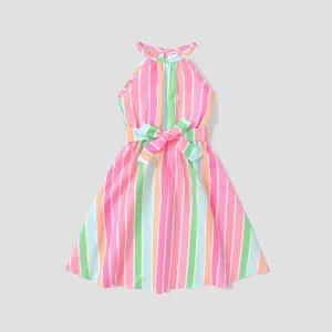 Kid Girl Stripe Belted Halter Dress #800925