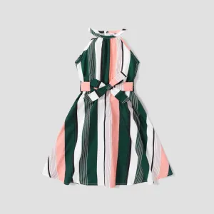 Kid Girl Stripe Belted Halter Dress #800932