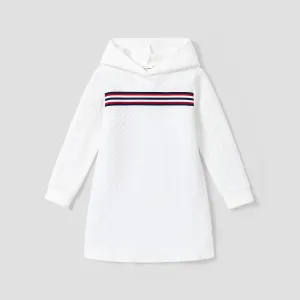 Kid Girl Striped Textured Long-sleeve Hooded Sweatshirt Dress #194301