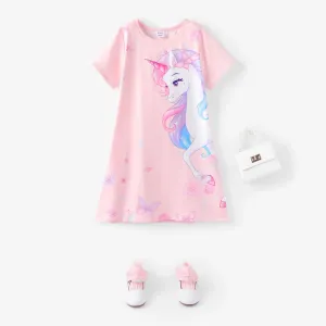 Kid Girl Unicorn Print Short-sleeve Light Pink Dress #199221