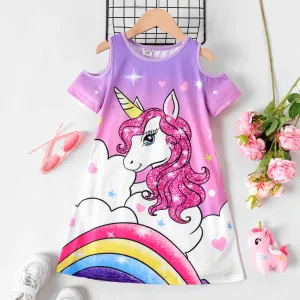 Kid Girl Unicorn & Rainbow Print Cold Shoulder Dress #920230