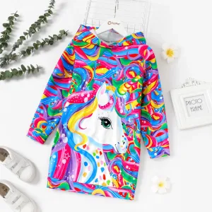 Kid Girl Unicorn Rainbow Print Long-sleeve Hooded Sweatshirt Dress #1170504