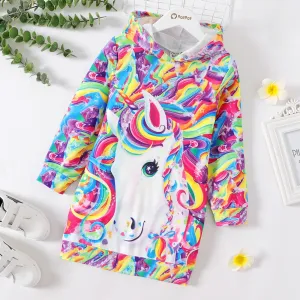 Kid Girl Unicorn Rainbow Print Long-sleeve Hooded Sweatshirt Dress #204293