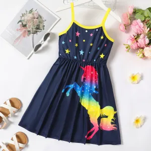 Kid Girl Unicorn Star Print Colorblock Slip Dress #776963