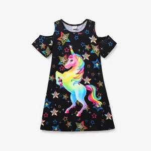 Kid Girl Unicorn Stars Print Cold Shoulder Short-sleeve Dress #720339