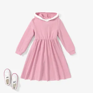 Kid Girl's Basic Solid color Textured material Hooded Dress #1212033