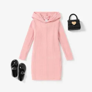 Kid Girl's Basic Textured material Hooded Dress in Solid Color #1206580
