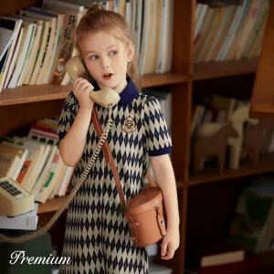 Medium Thick Polyester Spandex Girl's Grid Lapel Dress Set #1056899
