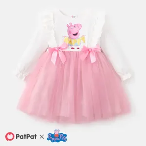 Peppa Pig Toddler Girl Bowknot Design Cotton Mesh Splice Long-sleeve Fairy Dress #720711