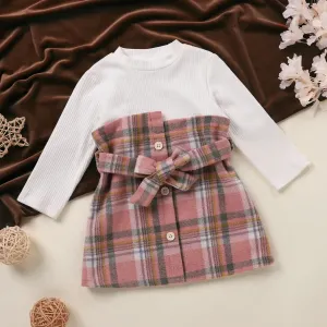 Ribbed Long-sleeve Splicing Pink Plaid Belted Baby Faux-two Dress #806233