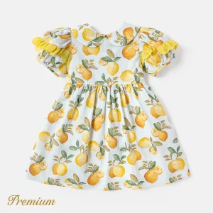 Toddler Girl 100% Cotton Allover Lemon Print Peter Pan Collar Ruffled Puff-sleeve Dress #912363