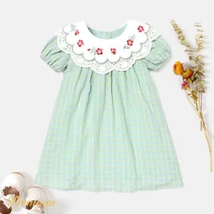 Toddler Girl 100% Cotton Statement Collar Puff-sleeve Gingham Dress #912224