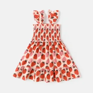 Toddler Girl 100% Cotton Strawberry Print Flutter-sleeve Smocked Dress #919912