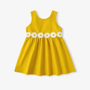 Toddler Girl 3D Floral Design Back V Neck Solid Color Sleeveless Dress