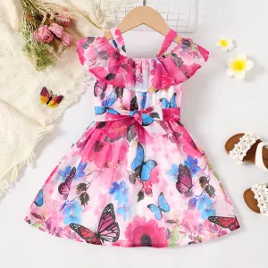 Toddler Girl Allover Butterfly Print Ruffle Strappy Belted Dress #1046709