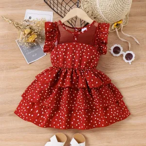 Toddler Girl Allover Heart Print Mesh Panel Layered Dress #1043813