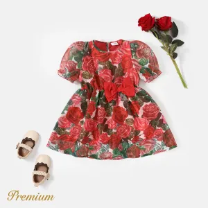 Toddler Girl Allover Rose Print Bow Decor Short-sleeve Dress #1041835