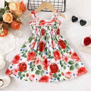 Toddler Girl Allover Roses Print Smocked Strappy Dress #1034058